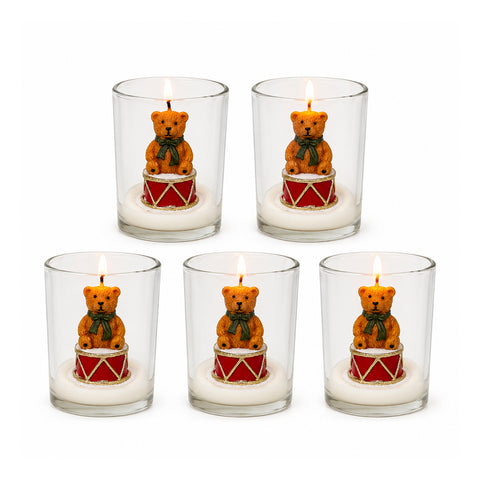 Candela Natalizia in Bicchiere di Vetro 7 cm - Orsetto con Cappello di Babbo Natale o Orso sul Tamburo - Decorazione e Centrotavola