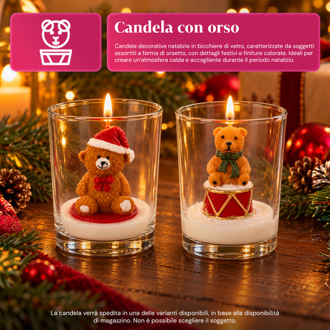 Bougie de Noël dans un verre de 7 cm avec des oursons assortis