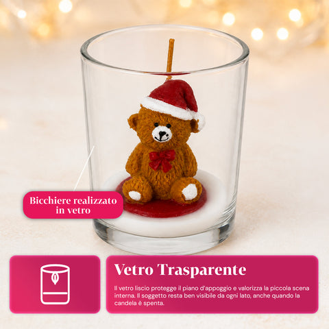 Candela Natalizia in Bicchiere di Vetro 7 cm - Orsetto con Cappello di Babbo Natale o Orso sul Tamburo - Decorazione e Centrotavola