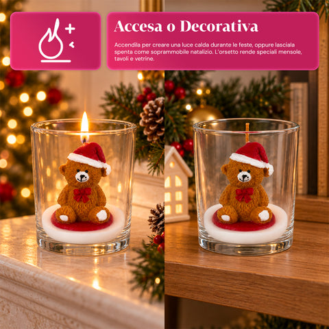 Candela Natalizia in Bicchiere di Vetro 7 cm - Orsetto con Cappello di Babbo Natale o Orso sul Tamburo - Decorazione e Centrotavola