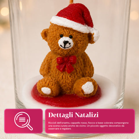Candela Natalizia in Bicchiere di Vetro 7 cm - Orsetto con Cappello di Babbo Natale o Orso sul Tamburo - Decorazione e Centrotavola