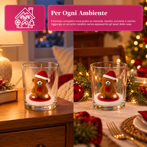 Candela Natalizia in Bicchiere di Vetro 7 cm - Orsetto con Cappello di Babbo Natale o Orso sul Tamburo - Decorazione e Centrotavola