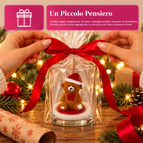 Candela Natalizia in Bicchiere di Vetro 7 cm - Orsetto con Cappello di Babbo Natale o Orso sul Tamburo - Decorazione e Centrotavola