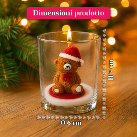 Candela Natalizia in Bicchiere di Vetro 7 cm - Orsetto con Cappello di Babbo Natale o Orso sul Tamburo - Decorazione e Centrotavola