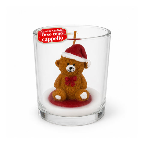 Candela Natalizia in Bicchiere di Vetro 7 cm - Orsetto con Cappello di Babbo Natale o Orso sul Tamburo - Decorazione e Centrotavola