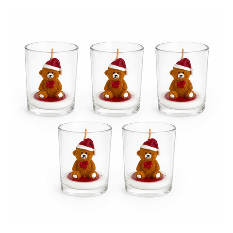 Candela Natalizia in Bicchiere di Vetro 7 cm - Orsetto con Cappello di Babbo Natale o Orso sul Tamburo - Decorazione e Centrotavola