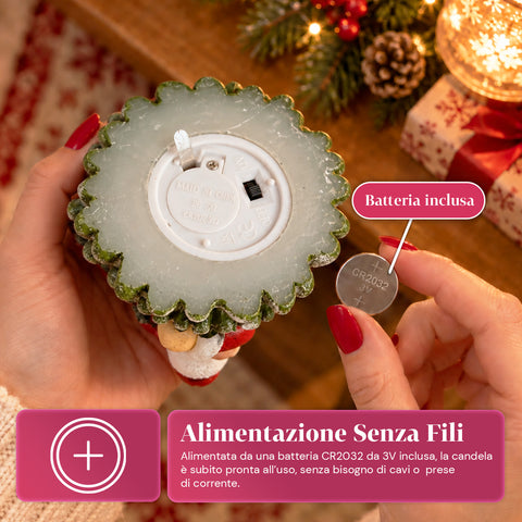 Candela Natalizia LED a Batteria in 3 Varianti – Babbo Natale con Albero, Orsetto e Viso Orso, Fiamma Effetto Reale, Decorazione Natale