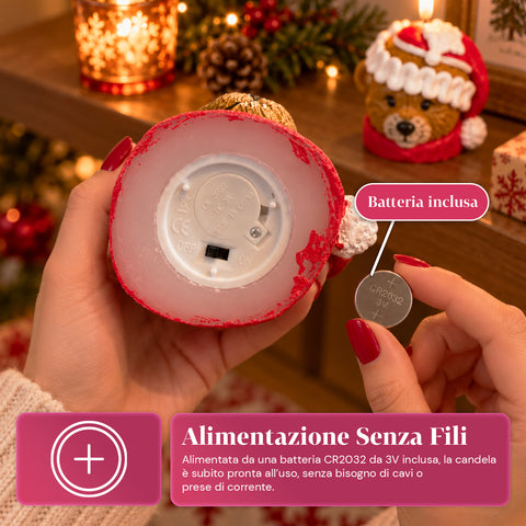 Bougie de Noël LED à Piles en 3 Variantes – Père Noël avec Arbre, Ours et Visage d'Ours, Flamme Effet Réel, Décoration de Noël