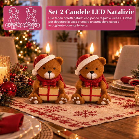 Candela Natalizia LED a Batteria in 3 Varianti – Babbo Natale con Albero, Orsetto e Viso Orso, Fiamma Effetto Reale, Decorazione Natale