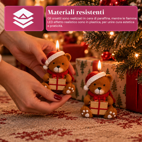Candela Natalizia LED a Batteria in 3 Varianti – Babbo Natale con Albero, Orsetto e Viso Orso, Fiamma Effetto Reale, Decorazione Natale