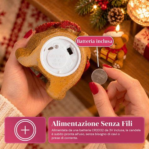 Candela Natalizia LED a Batteria in 3 Varianti – Babbo Natale con Albero, Orsetto e Viso Orso, Fiamma Effetto Reale, Decorazione Natale
