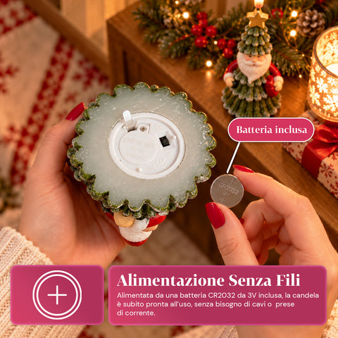 Candela Natalizia LED a Batteria in 3 Varianti – Babbo Natale con Albero, Orsetto e Viso Orso, Fiamma Effetto Reale, Decorazione Natale