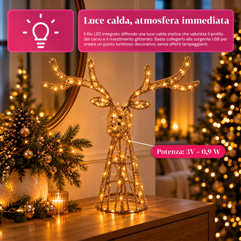 Cerf lumineux LED scintillant doré, décoration de Noël en fer et polyéthylène, lumière chaude alimentée par USB, 3 tailles : 65, 85 et 110 cm