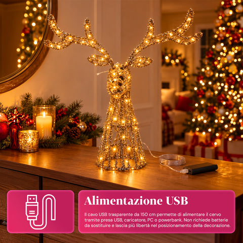 Cerf lumineux LED scintillant doré, décoration de Noël en fer et polyéthylène, lumière chaude alimentée par USB, 3 tailles : 65, 85 et 110 cm