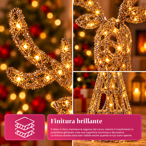 Cerf lumineux LED scintillant doré, décoration de Noël en fer et polyéthylène, lumière chaude alimentée par USB, 3 tailles : 65, 85 et 110 cm