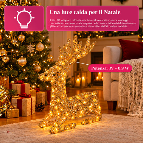 Cerf lumineux LED scintillant doré, décoration de Noël en fer et polyéthylène, lumière chaude alimentée par USB, 3 tailles : 65, 85 et 110 cm