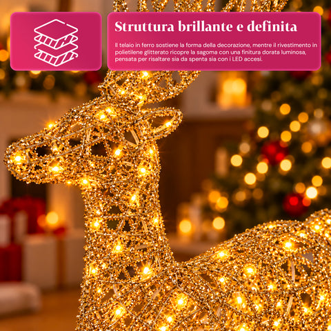 Cerf lumineux LED scintillant doré, décoration de Noël en fer et polyéthylène, lumière chaude alimentée par USB, 3 tailles : 65, 85 et 110 cm