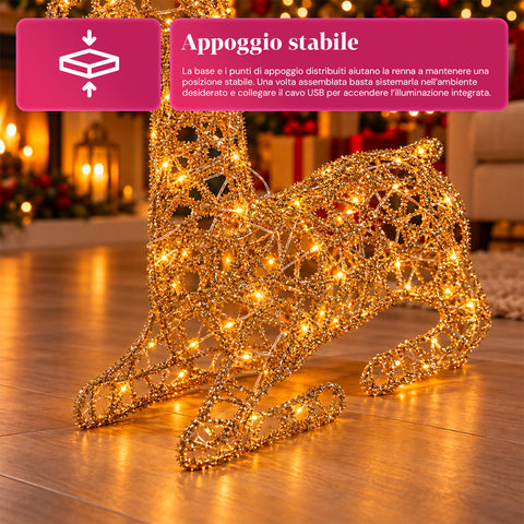 Cerf lumineux LED scintillant doré, décoration de Noël en fer et polyéthylène, lumière chaude alimentée par USB, 3 tailles : 65, 85 et 110 cm
