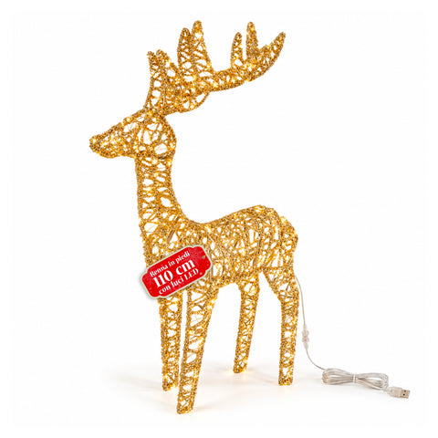 Cerf lumineux LED scintillant doré, décoration de Noël en fer et polyéthylène, lumière chaude alimentée par USB, 3 tailles : 65, 85 et 110 cm