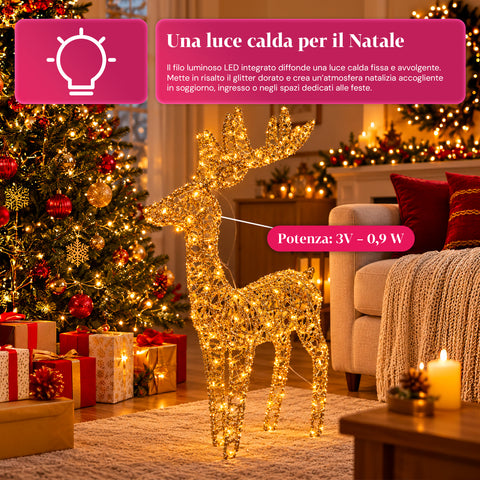 Cerf lumineux LED scintillant doré, décoration de Noël en fer et polyéthylène, lumière chaude alimentée par USB, 3 tailles : 65, 85 et 110 cm