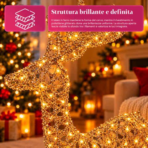 Cerf lumineux LED scintillant doré, décoration de Noël en fer et polyéthylène, lumière chaude alimentée par USB, 3 tailles : 65, 85 et 110 cm