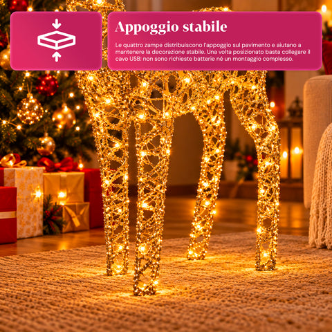 Cerf lumineux LED scintillant doré, décoration de Noël en fer et polyéthylène, lumière chaude alimentée par USB, 3 tailles : 65, 85 et 110 cm