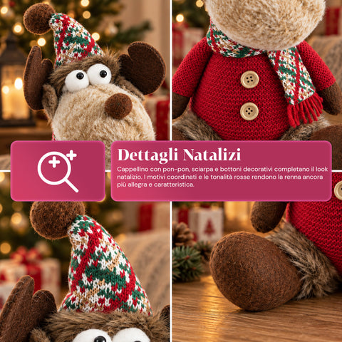 Renne de Noël décorative en polyester – Ornement de Noël avec base sablée, design sympathique, 4 variantes de style, 2 tailles de 35 et 50 cm