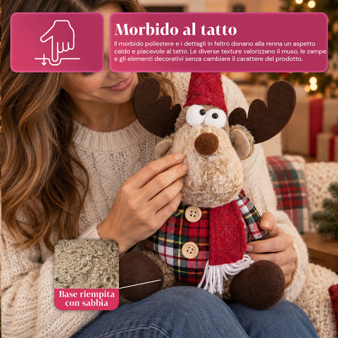 Renne de Noël décorative en polyester – Ornement de Noël avec base sablée, design sympathique, 4 variantes de style, 2 tailles de 35 et 50 cm