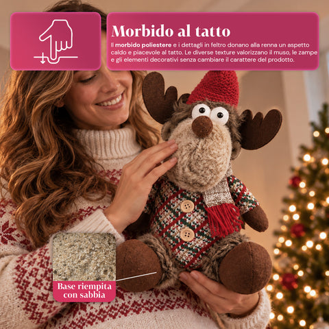 Renne de Noël décorative en polyester – Ornement de Noël avec base sablée, design sympathique, 4 variantes de style, 2 tailles de 35 et 50 cm