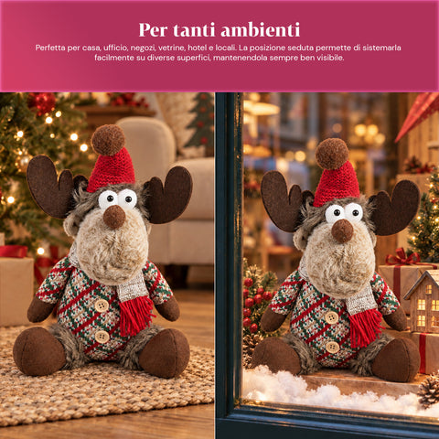 Renne de Noël décorative en polyester – Ornement de Noël avec base sablée, design sympathique, 4 variantes de style, 2 tailles de 35 et 50 cm