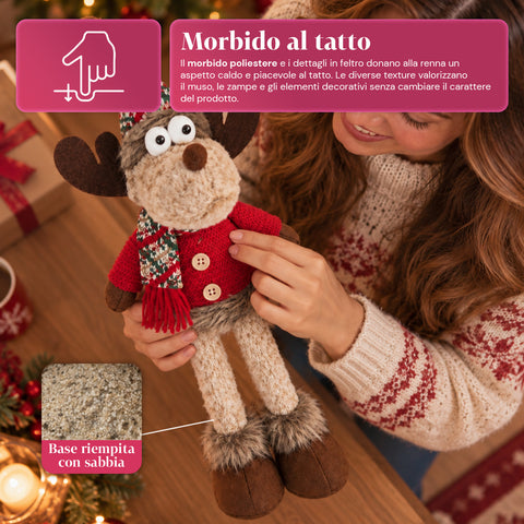 Renne de Noël décorative en polyester – Ornement de Noël avec base sablée, design sympathique, 4 variantes de style, 2 tailles de 35 et 50 cm