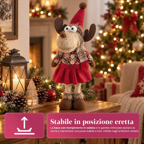 Renne de Noël décorative en polyester – Ornement de Noël avec base sablée, design sympathique, 4 variantes de style, 2 tailles de 35 et 50 cm