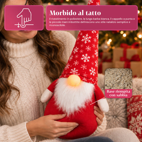 Bloque-porte gnome de Noël 60 cm avec LED dans le nez, 3 modes d’éclairage, rempli de sable 1 kg, doux en polyester - Bindbox