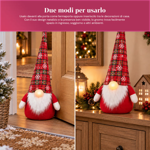 Bloque-porte gnome de Noël 60 cm avec LED dans le nez, 3 modes d’éclairage, rempli de sable 1 kg, doux en polyester - Bindbox