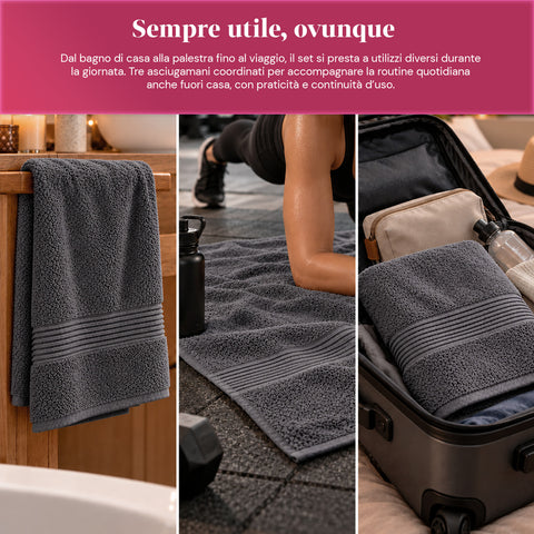 Lot de 3 serviettes de bain 100 % coton – Ensemble comprenant une serviette de 90x140, une serviette de 60x100 et une serviette d’invité de 40x60 cm, douces et absorbantes, 6 couleurs