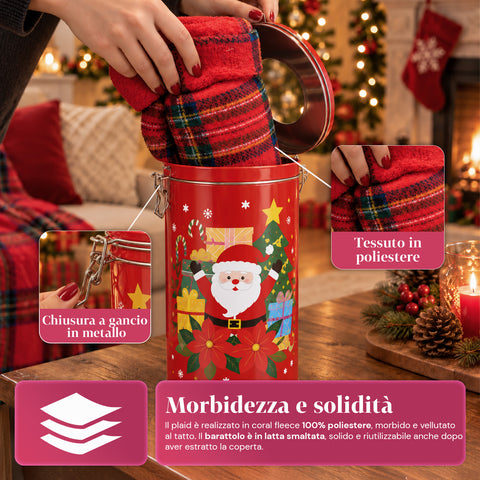 Boîte de Noël 30x16 cm avec plaid en polaire corail 145x110 cm, couverture douce tartan à carreaux - boîte mystère