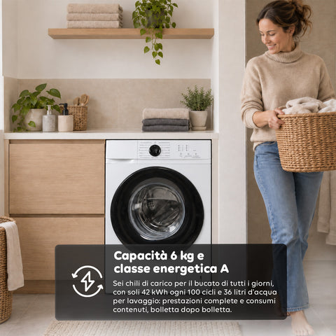 Lave-linge à chargement frontal 6 kg, classe A, 1200 tr/min, compact de 41 cm, lavage à la vapeur, tambour nid-d’abeilles, sécurité enfants, blanc ou gris