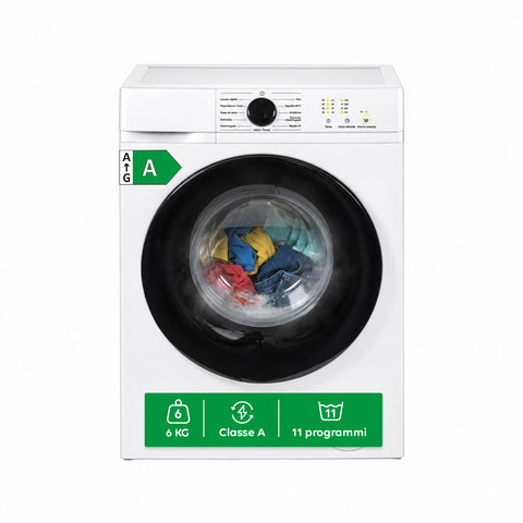 Lave-linge à chargement frontal 6 kg, classe A, 1200 tr/min, compact de 41 cm, lavage à la vapeur, tambour nid-d’abeilles, sécurité enfants, blanc ou gris