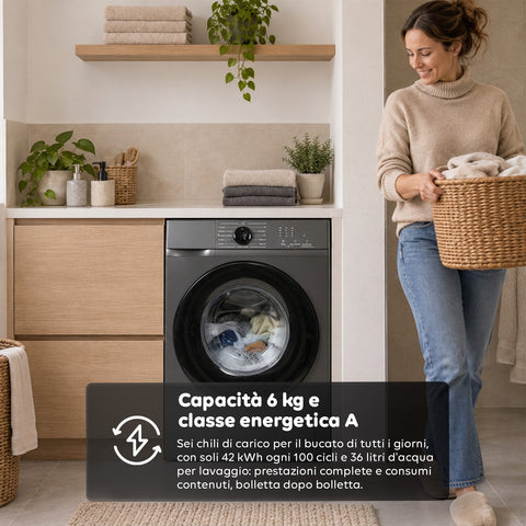 Lave-linge à chargement frontal 6 kg, classe A, 1200 tr/min, compact de 41 cm, lavage à la vapeur, tambour nid-d’abeilles, sécurité enfants, blanc ou gris