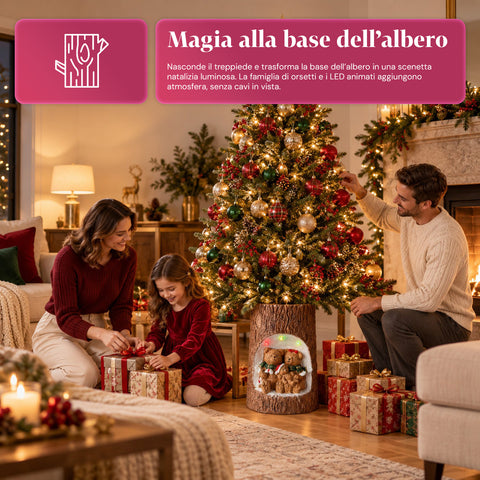 Base de sapin de Noël en forme de tronc avec LED animées et personnages 3D pour sapins jusqu’à 180 cm – cache-base en fer et magnésium avec fixation Ø 4 cm