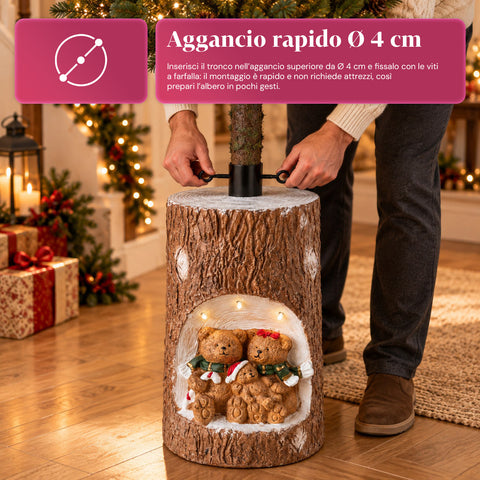 Base de sapin de Noël en forme de tronc avec LED animées et personnages 3D pour sapins jusqu’à 180 cm – cache-base en fer et magnésium avec fixation Ø 4 cm