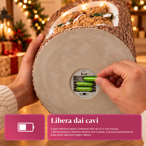 Base de sapin de Noël en forme de tronc avec LED animées et personnages 3D pour sapins jusqu’à 180 cm – cache-base en fer et magnésium avec fixation Ø 4 cm