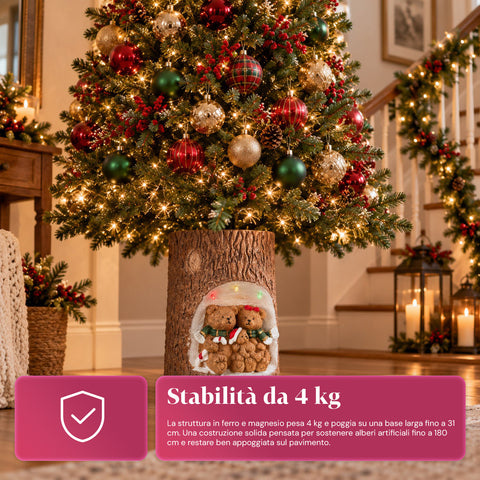 Base de sapin de Noël en forme de tronc avec LED animées et personnages 3D pour sapins jusqu’à 180 cm – cache-base en fer et magnésium avec fixation Ø 4 cm