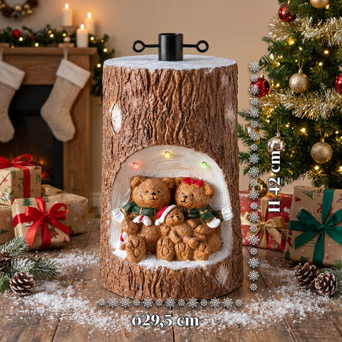 Base de sapin de Noël en forme de tronc avec LED animées et personnages 3D pour sapins jusqu’à 180 cm – cache-base en fer et magnésium avec fixation Ø 4 cm