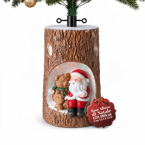Base de sapin de Noël en forme de tronc avec LED animées et personnages 3D pour sapins jusqu’à 180 cm – cache-base en fer et magnésium avec fixation Ø 4 cm