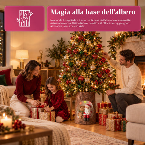 Base de sapin de Noël en forme de tronc avec LED animées et personnages 3D pour sapins jusqu’à 180 cm – cache-base en fer et magnésium avec fixation Ø 4 cm
