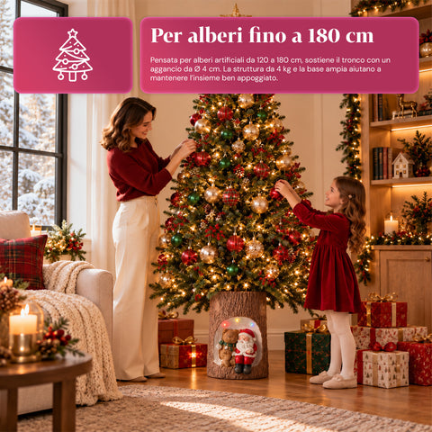 Base de sapin de Noël en forme de tronc avec LED animées et personnages 3D pour sapins jusqu’à 180 cm – cache-base en fer et magnésium avec fixation Ø 4 cm