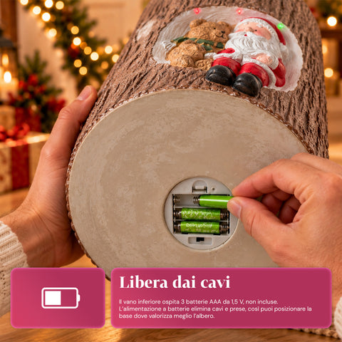 Base de sapin de Noël en forme de tronc avec LED animées et personnages 3D pour sapins jusqu’à 180 cm – cache-base en fer et magnésium avec fixation Ø 4 cm
