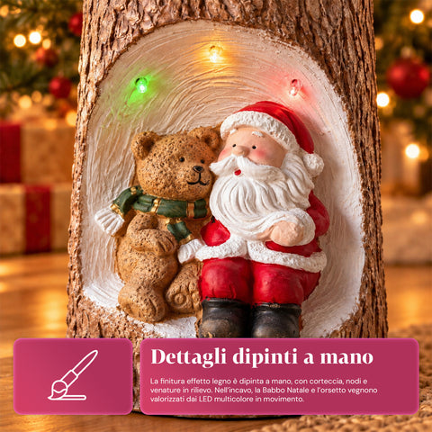Base de sapin de Noël en forme de tronc avec LED animées et personnages 3D pour sapins jusqu’à 180 cm – cache-base en fer et magnésium avec fixation Ø 4 cm