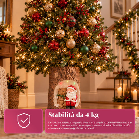 Base de sapin de Noël en forme de tronc avec LED animées et personnages 3D pour sapins jusqu’à 180 cm – cache-base en fer et magnésium avec fixation Ø 4 cm